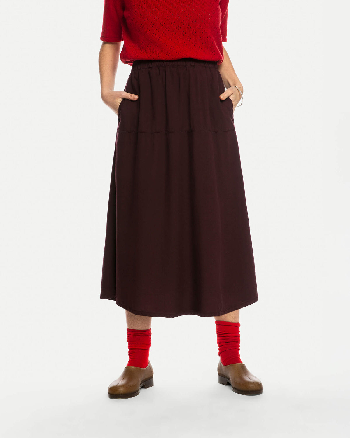 Ruffled Midi Skirt maroon