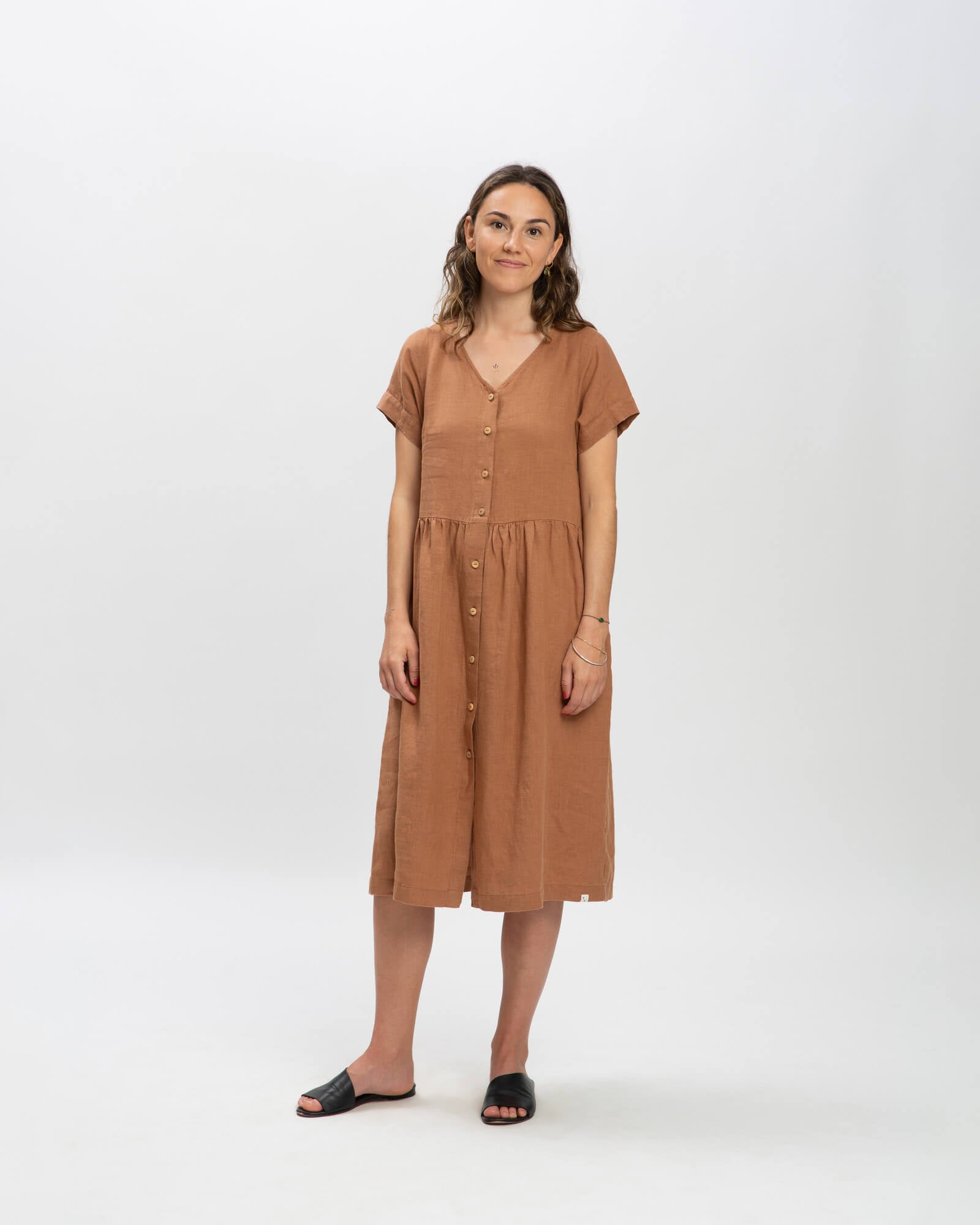 chinese dress ladies Linen Midi Dress coffee