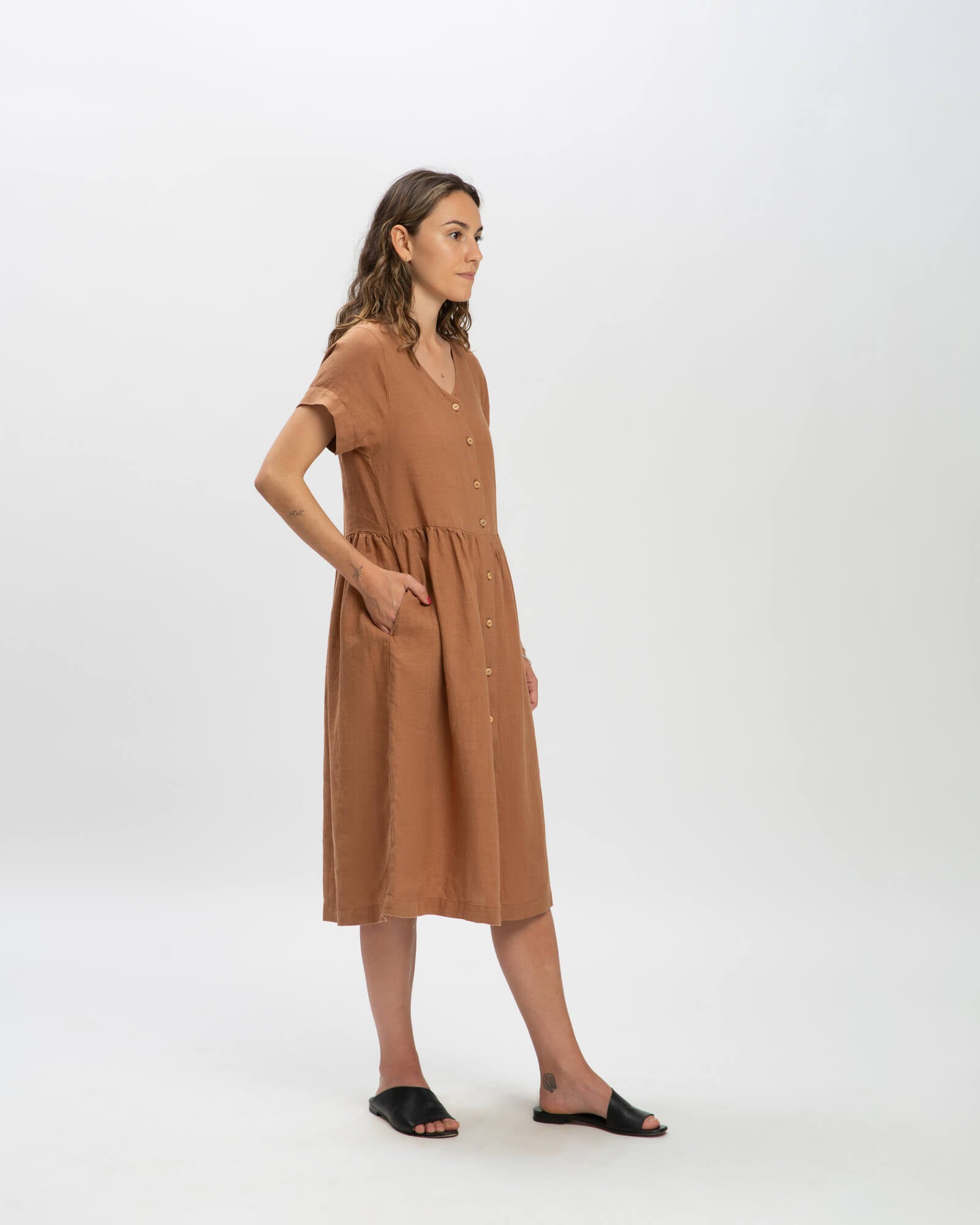 Linen Midi Dress coffee